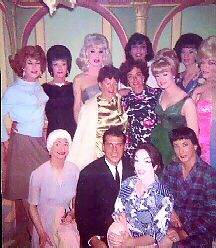 Finocchio Cast, 1962 
 Back row standing from left to right . . . 
 Jackie Phillips, Robin Price, Al St. Claire, 
 Elton Paris, Libby Reynolds 
 Center row standing . . . 
 Ruth Roman's lady friend, film Star Ruth Roman, 
 Lavern Cummings, Gene Burke 
 Bottom row kneeling . . . 
 J.J. Van Dyke, Ruth Roman's boyfriend, 
 Stormy Lee, Juan Jos